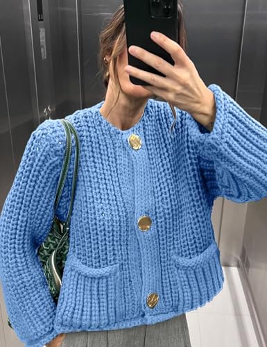Image of YKR Chunky Knit Cardigan Sweater for Women Long Sleeve Cropped Cardigans Button Down Sweaters with Pockets