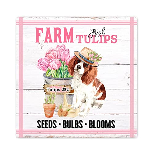 Panneau en bois Farm Fresh Flower Market avec motif tulipes roses 40x40 cm