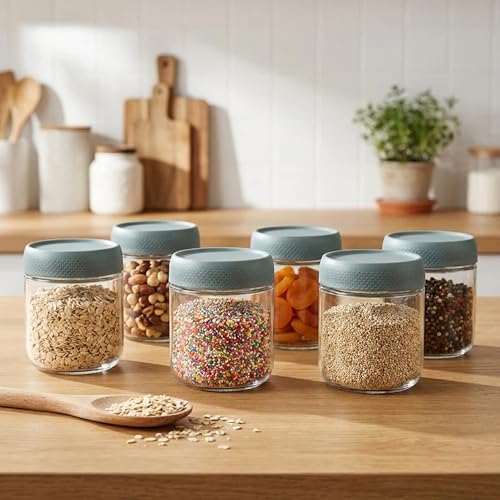 Image of Rioware Storage Glass Jar, Set of 6, 350 ml Each, Transparent, BPA Free, Storage Jar, Kitchen Organizer Modular, Multipurpose Cookies Jar,Green