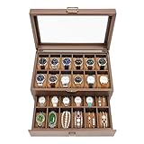 Scatola per orologi con 24 scomparti, 2 livelli, organizer per orologi con coperchio in vetro, valigetta per orologi con cuscino rimovibile, cofanetto per orologi di alta qualità, marrone, per uomini