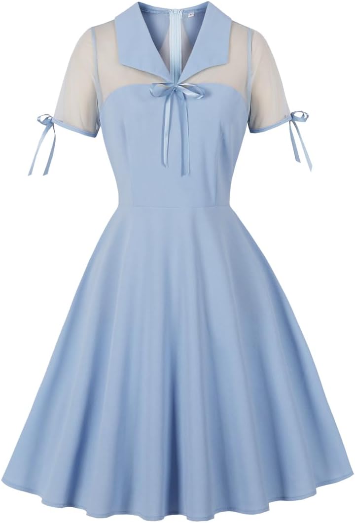 Women's Vintage Gothic Cocktail Dresses Cutout Keyhole Collar Illusion Mesh Sleeve Mini Dress A Line Knee Length Goth Dress