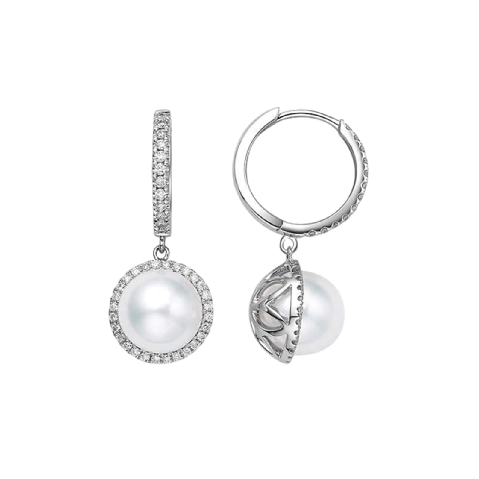 Hängeohrringe Damen Modeschmuck, Ohrringe Groß mit Perle 7,5-8mm und Diamant 0,25ct Weißgold