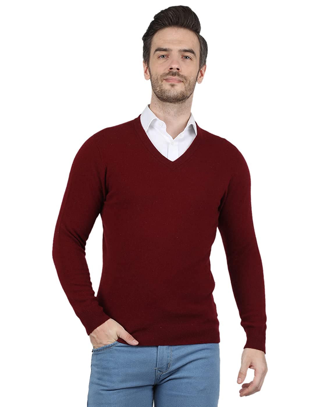 Men V-Neck Solid Woolen Full Sleeve Sweater for Winter (Maroon)