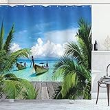Ambesonne Tropical Shower Curtain, Beach and Tropical Sea Wooden Deck Floating Boats Sunshine Idyllic Daytime, Cloth Fabric Bathroom Decor Set with Hooks, 70' Long, Green Gray