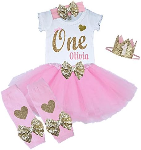 Bella Fashion Kidz Girl First Birthday Tutu Outfit Pink and Gold Personalized 1st Glitter Dress Set (12 Month, 5 Piece Set)