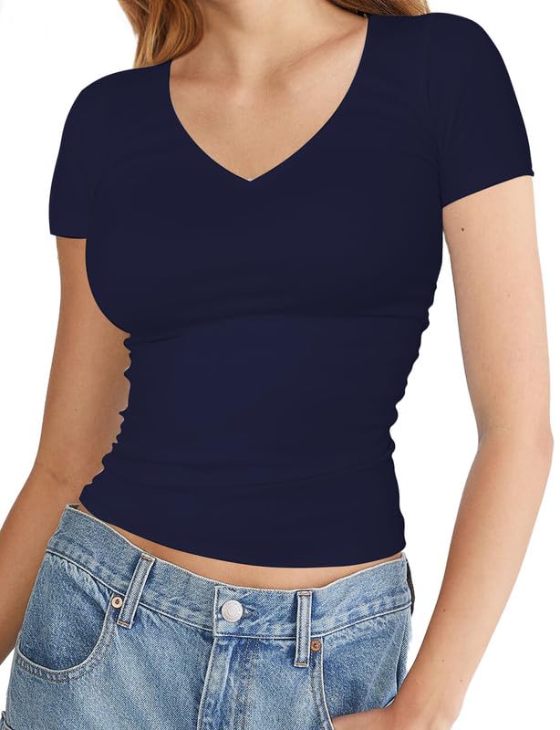 xolani Womens V Neck Short Sleeve Crop Top Double Lined Slim Fitted Basic Tee Going Out Cute Summer T Shirt Trendy X L2688 VK-picture-10