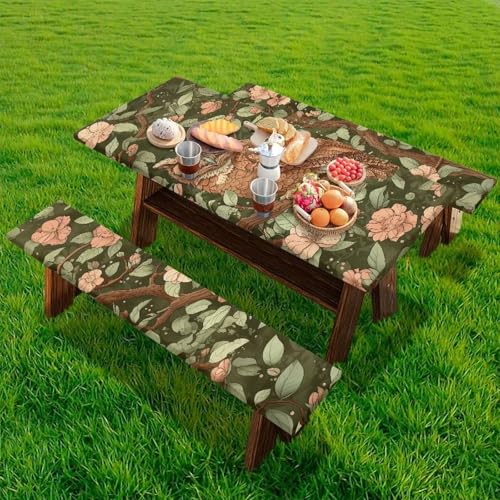 Oamsistay Floral Camping Tablecloth with Elastic Owl Prints Picnic Table Cover with Bench Covers Fits 6 Foot Gathering Tables/Patio Furniture/Board Beach, Camping Supplies Ideal Gifts, 72x30 Inches