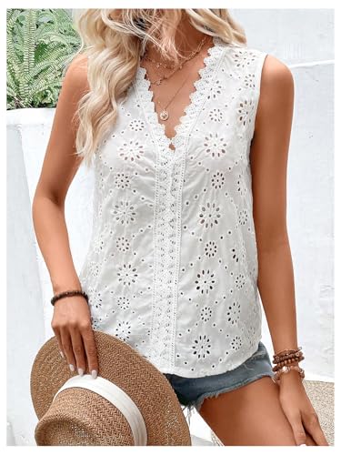 SweatyRocks Women's Boho Lace Blouses Eyelet Embroidery Summer Vacation Sleeveless V Neck Tops4