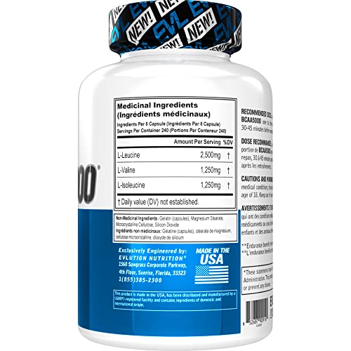 Evlution Nutrition BCAA5000 Capsules 5 Grams of Branched Chain Amino Acids (BCAAs), Muscle