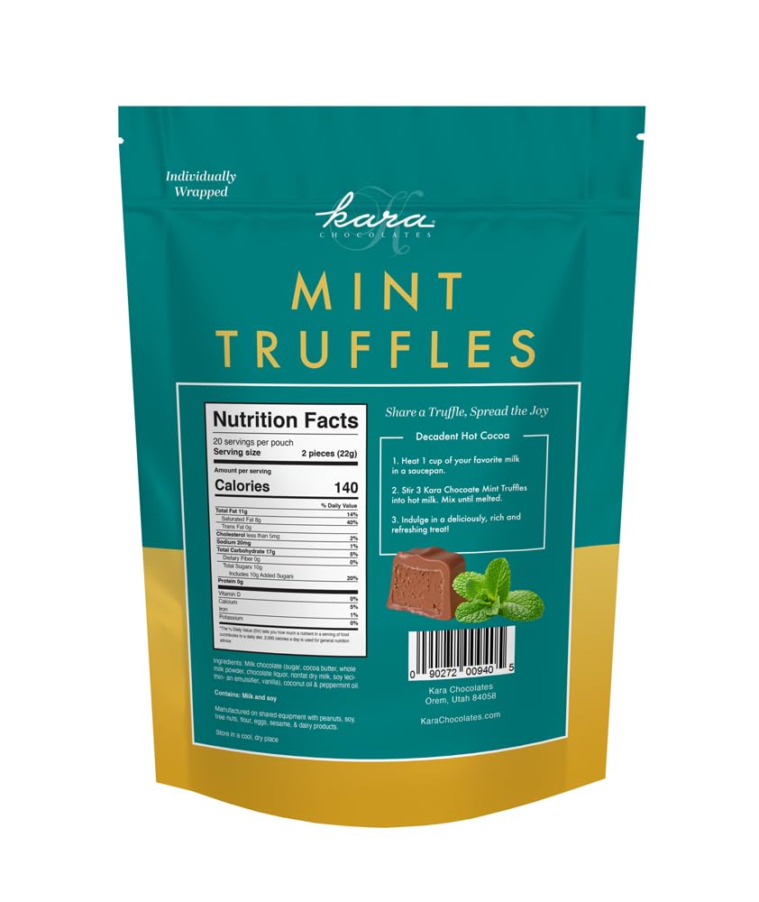 Kara Chocolates Mint Chocolate Truffles Individually Wrapped, Naturally Gluten Free, Gourmet Soft Creamy Truffles (1 lb Pouch (16oz - 1 Pk), Mint Chocolate)