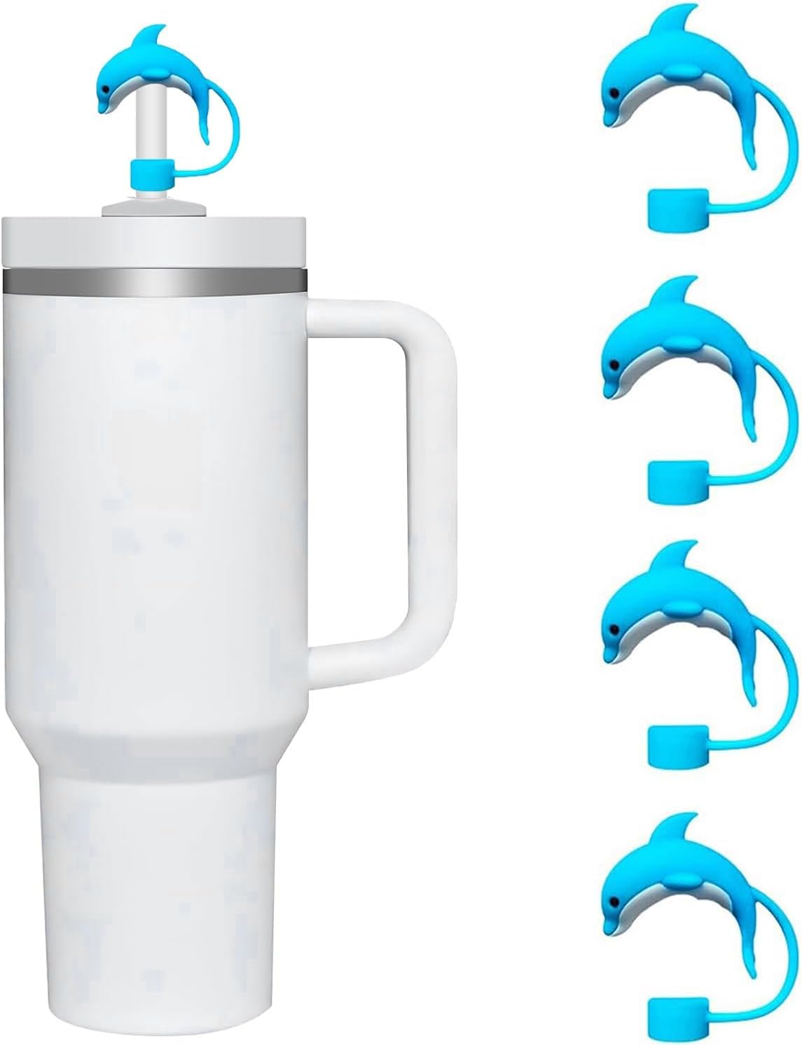 4 Pcs Dolphin Straw Cap Straw Cover for Stanley Cup, 10mm Silicone Straw Covers Cap for Stanley Cup Accessories, Cute Straw Topper for Tumblers, Straw Cap Stopper for Reusable Straws Tip Lids