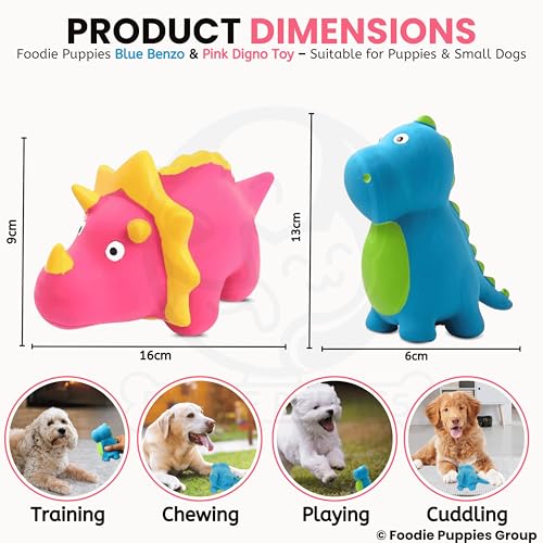 Image of Foodie Puppies Dog Squeaky Chew Latex Rubber Toy Combo (Pink Dino + Blue Benzo) for Small Dogs & Puppies | Durable, Soft Animal Design | Fetch & Chew Safe Play Toys