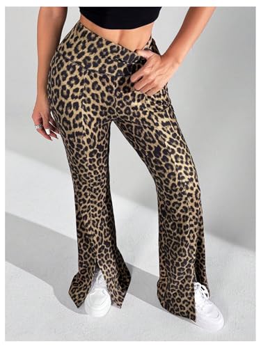 Floerns Women's Y2k Leopard Print Bell Bottom Pants High Waisted Slit Flare Pants3