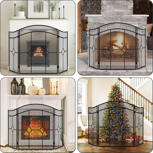 FEED GARDEN 3 Panel Fireplace Screen Wrought Iron 48\" W x 30\" H Foldable Heavy Duty Fire Spark Guard Cover with Metal Decorative Mesh for Living Room, Home Decor Indoor, Black