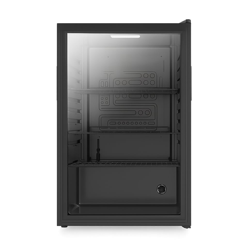 Aspes Refrigerador Negro ARH855500EN, Capacidad 121 Litros, 54 cm Ancho, 84 cm Alto, Cíclica, 39 dB Nivel Sonoro, Luz LED, Puerta Cristal Reversible, Apertura Tipo Uñero, Clase E