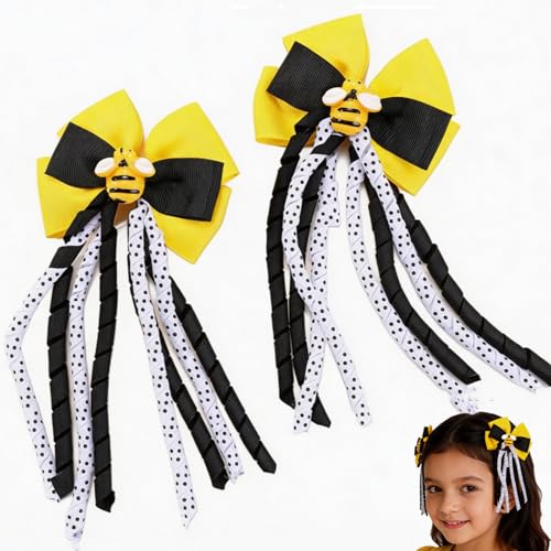 Pinzas para el pelo Yellow Bee Bow para niñas, 2 piezas, lazos rizados con puntos, clips para cabello para salidas de primavera y peinados diarios
