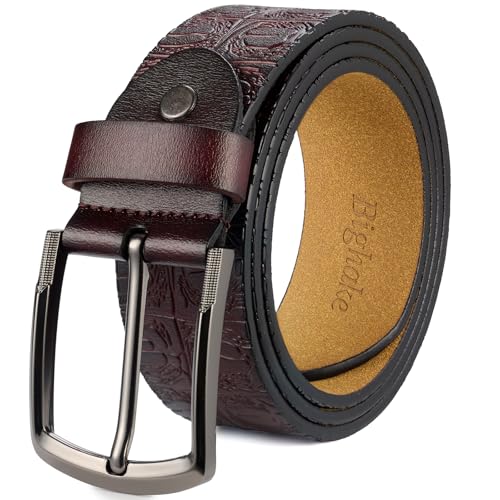 Bighake Genuine Leather Embossed Belt for Men – Western Leather Belt for Men, Adjustable Size for Business & Casual Wear, Size 34''-36''