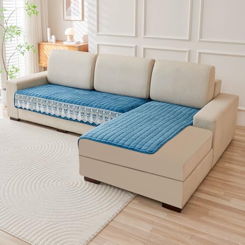 Image of HOKIPO Bellelace Velvet Sofa Cover L Shape 6 Seater Mat, 3+3, Pearl White