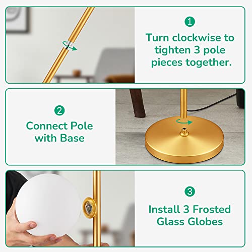 Edishine Modern Gold Floor Lamp, 3 Globe Mid Century Standing Lamps For Living Room, Upgraded Stepless Dimming, Built-In Led, Frosted Glass Shade, 69 Inches Luna Tall Pole Lamp For Bedroom, Hotel #TOP6