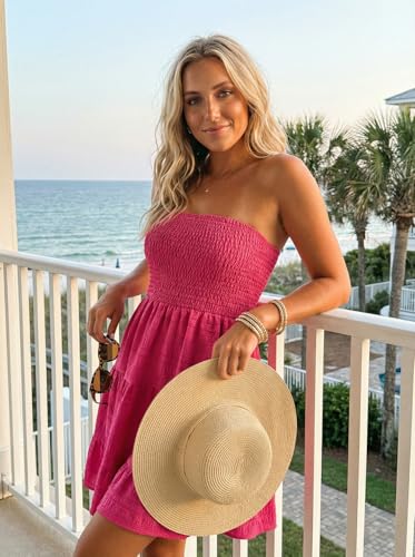 Image of AIMITAG American Flag Smocked Strapless Mini Dress Womens Flag Stars Vertical Striped Ruffled Tube Top Dress Beach Sundress