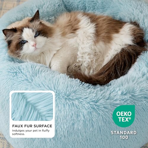 Image of Bedsure Calming Cat Beds for Indoor Cats - Small Cat Bed Washable 20 inches, Anti-Slip Round Fluffy Plush Faux Fur Pet Bed, Fits up to 15 lbs Pets, Aqua Blue