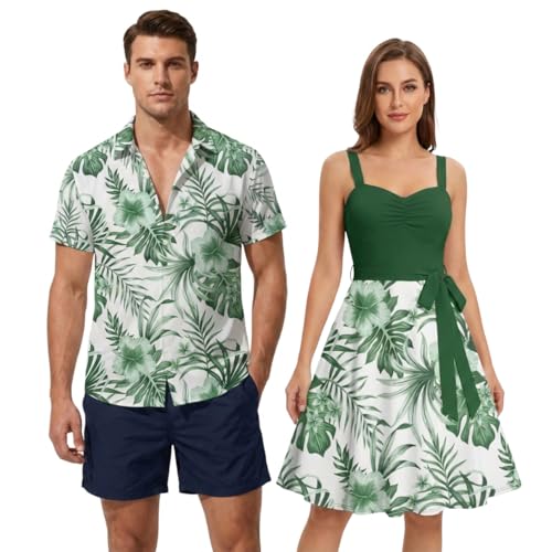 Image of DRESSFO Matchable Couples' Outfit Tropical Flower Leaf Print Button-up Shirt Or Strappy Dress