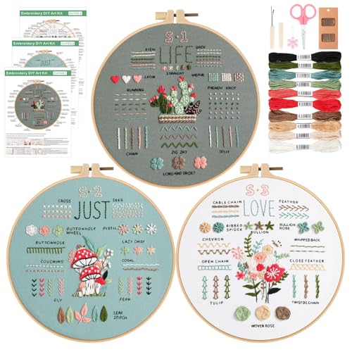 Hapurs 3Pcs Embroidery Starter Kit for Beginner, Embroidery Stitch Practice Kit for Adults to Learn 35 Different Stitch, DIY Craft Stamped Cross Stitch Kit with Instruction Hoop Needle and Thread (Beginner-B)