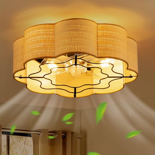 Image of Boho Caged Ceiling Fans with Lights Flush Mount, Rattan Fandelier Chandelier Ceiling Fan with Light with Remote and 6-Speed Motor for Bedroom, Nursery, Living Room