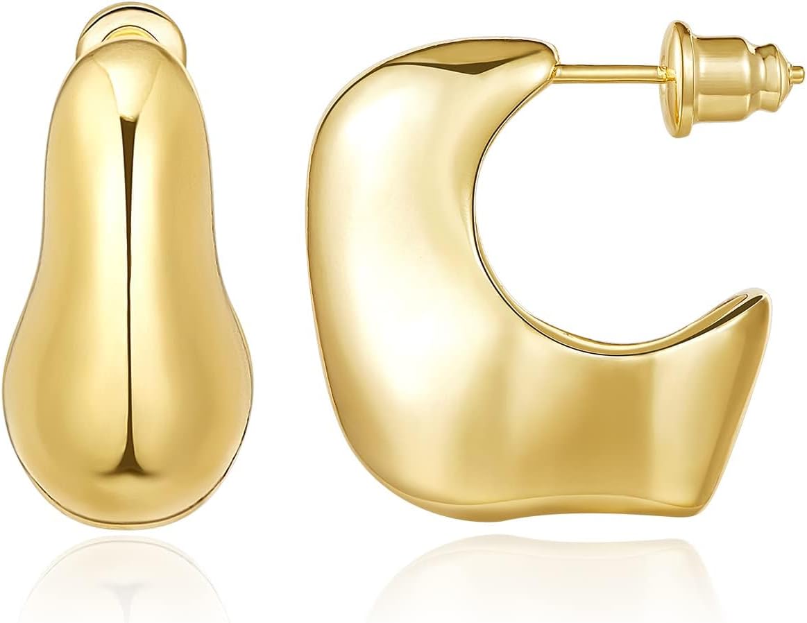 Chunky Gold Hoops for Women, 14K Plated Earrings Lightweight Hoop Elegant Hoops Earrings Hollow Gold Earrings Gold Hoop Jewelry Trendy Gold Earrings Post Fashion Jewelry Gifts Hollow Teardrop Earrings