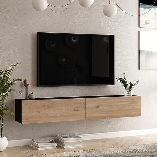 [en.casa] Meuble TV Support Télé Suspendue au Mur avec Compartiments de Rangement Banc Télévision Moderne Flottante pour Salon Chambre Panneau de Particules 30 x 180 x 32 cm Noir Effet Chêne