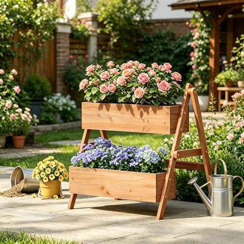 Jardinera de madera maciza robusta de tres niveles en color marrón 3