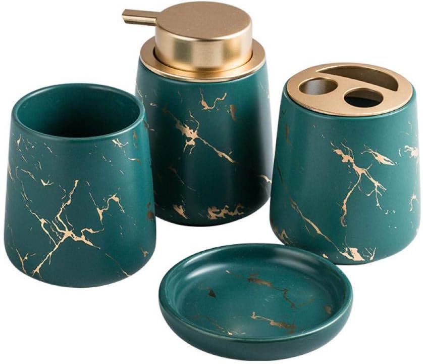 Ceramic Bathroom Accessories Set - 4 Piece Creative Bath Set with Toothbrush Holder, Toothbrush Cup, Soap Dish, Soap Dispenser, Bathroom Counter Accessories Sets（Dark Green）
