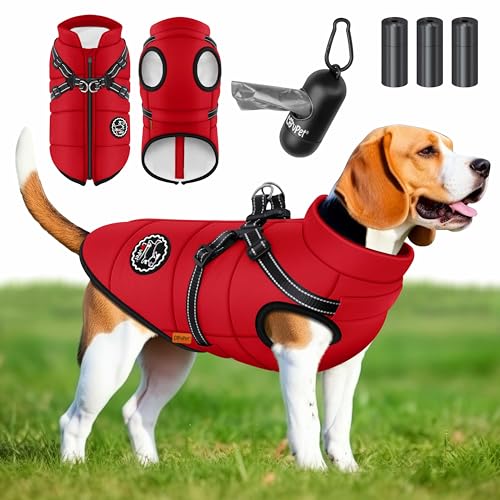 LOVPET® Hundejacke Hundemantel mit Geschirr, inkl. 45 Stück Kotbeutel + Spender, Hunde Winterweste gefüttert wasserdicht, Gepolsterte Weste Mit Brustgurt, Reflektoren, D-Ring L, Bordeaux Rot