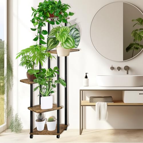 MYMULIKE Plantenstandaard van metaal, hout, 5 niveaus, plantenrek met wielen naar keuze, bloempotten, plantenhouder, binnen, decoratief, bloemenrek voor woonkamer, balkon - Afbeelding 4
