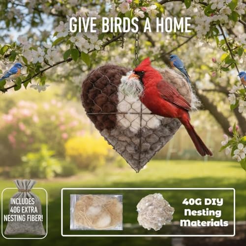Bicotand Handmade Fiber Bird Nesting Heart, Birds Nests Material Holder, Winter Tree Shelter for Wild Bird, Hummingbird Houses Nest Boxes for Outside Art Birdhouse