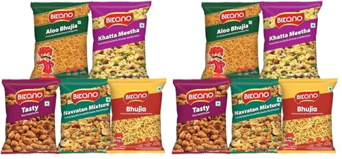 Image of Bikano 5 in 1 Combo Pack | Aloo Bhujia, Bhujia, Khatta Meetha, Tasty & Navratan Mixture | 10 Packs x 200g | Crunchy Indian Namkeen Snacks