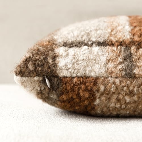 Image of Foindtower Pack of 2 Soft Faux Fur Boucle Throw Decorative Pillow Covers Fuzzy Accent Check Cushion Sherpa Boho Farmhouse Pillowcase for Couch Sofa Bed Living Room Home Decor 18x18 Inch,Autumnal