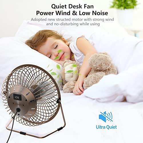 XUAMZ USB Small Desk Fan, 5 Inch Portable Desktop Personal Mini Fan 2 Speed Adjustable 360 Degree Rotation Metal Design Cooling Fan Quiet Operation for Home Office Bedroom (Bronze)