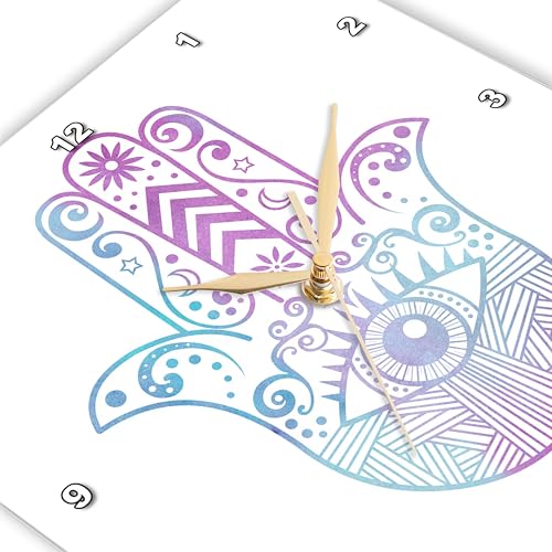 Horloge murale main de hamsa violette design aquarelle moderne