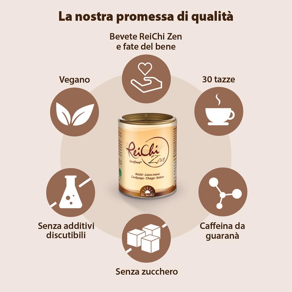 ReiChi Zen I 70% di funghi pregiati: Reishi, Chaga, Cordyceps, “Criniera di leone” I Caffè ai funghi I Caffeina dal guaranà I Magnesio per i nervi e la psiche* I vegano, senza additivi I 150 g, 30 taz