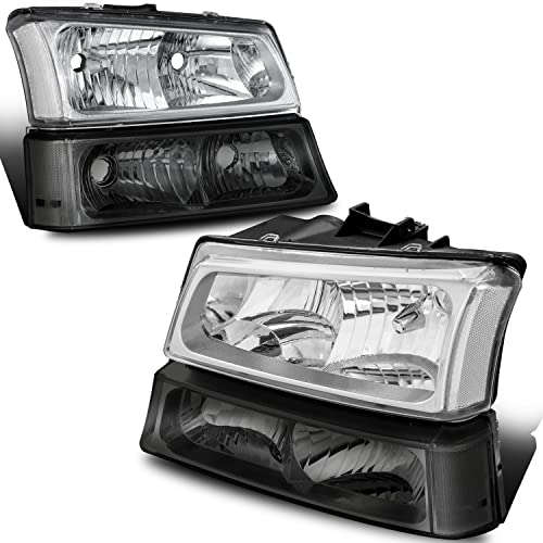 Mostplus Headlight Assembly Compatible With 2003-2006 Chevy Avalanche/2003-2007 Chevrolet Silverado 1500 2500 3500 Headlamp Pair With Chrome Housing/Transparent Lens/Transparent Cornor W/Smoke Bumper #TOP15