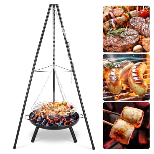 TLSUNNY Schwenkgrill mit Feuerschale, Dreibein Grill mit Feuerschale und 200 cm Höhenverstellbarer Kette, Ø68 cm Feuerkorb mit Griff, Outdoor BBQ Feuerstelle zum Grillen und Heizen