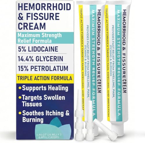 Image of Hemorrhoid Cream Hemorrhoid Treatment | Fast Acting Fissure Ointment with 5% Lidocaine | Maximum Strength Relief from Pain, Swelling, Itching & Burning | Soothes Healing | 2 Tubes + 6 Applicators