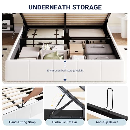 Image of Allewie Full Size Velvet Lift Up Hydrualic Storage Bed Frame, White