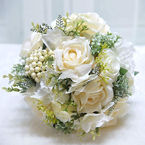 Fiwisora 9.8" Bridal Holding Wedding Bouquet Real-Looking Mixed Flowers Ivory Greenery Bridal Wedding Throw Bouquet For Wedding Brides Bridesmaid Wedding Hold Flower, Ivory Bouquet #TOP1
