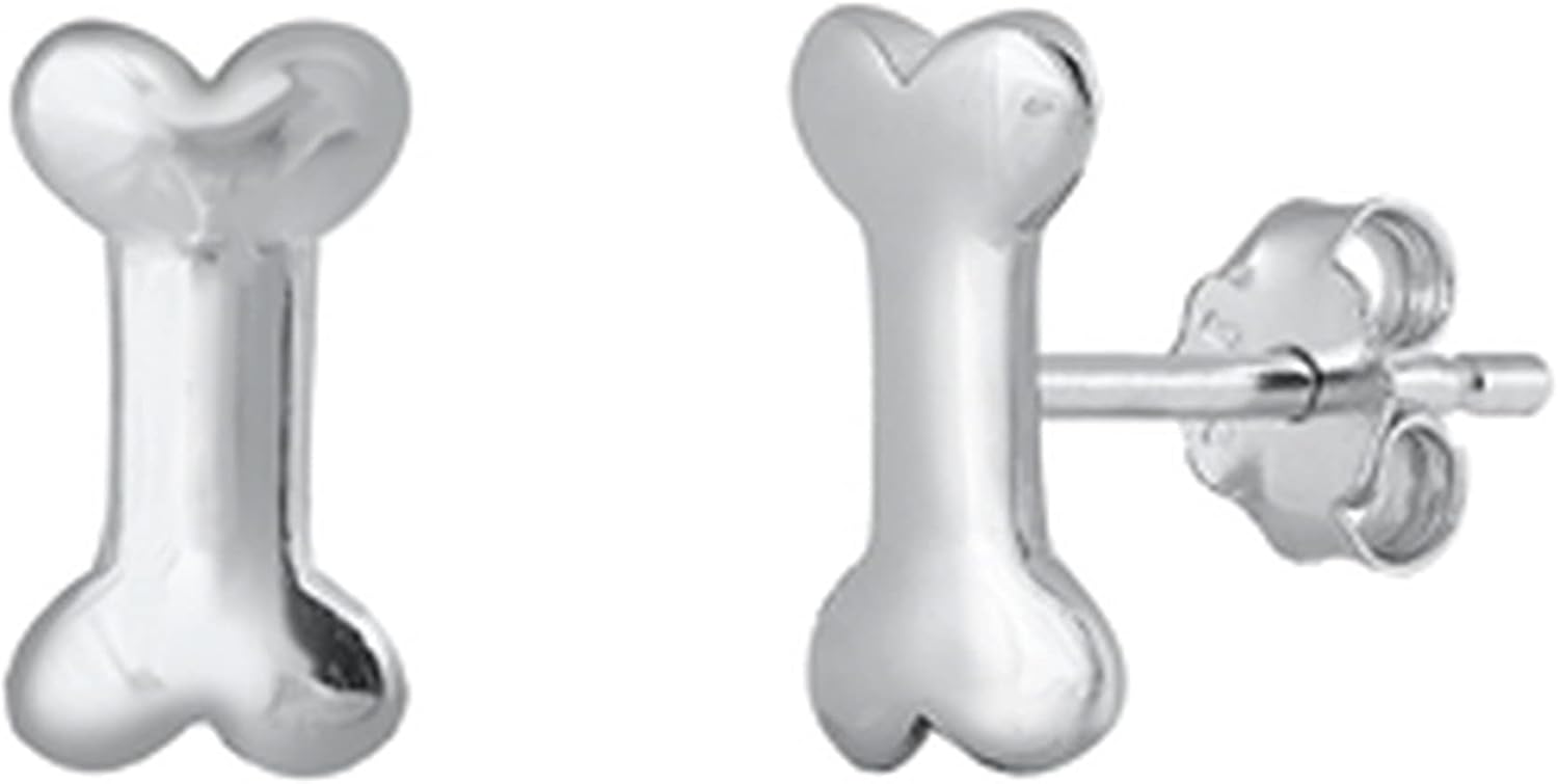Small Dog Bone 925 Sterling Silver Push Back Stud Earrings