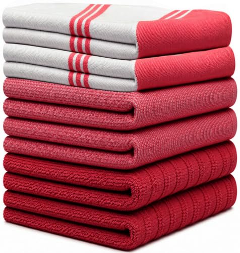 Image of Premium Kitchen Towels (20 inchx 28 inch, 6 Pack) | Large Cotton Dish Towels | Flat & Terry Highly Absorbent Kitchen Linen Set with Hanging Loop | Wide Stripe Red
