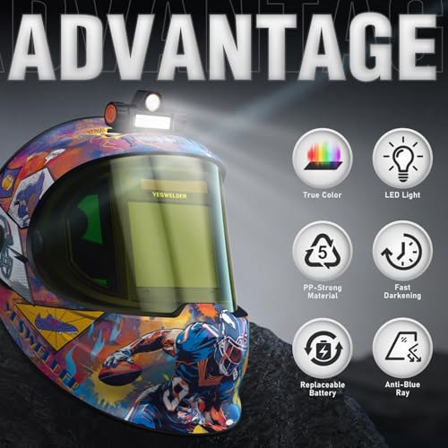 Image of YESWELDER Auto Darkening Welding Helmet with SIDE VIEW and LED, 180 Panoramic View, 1 /1 /1 /1 True Color Solar Powered Welder Hood, Wide Shade 3 /5-9 /9-13 Welder Mask for TIG MIG ARC CUT and GRIND