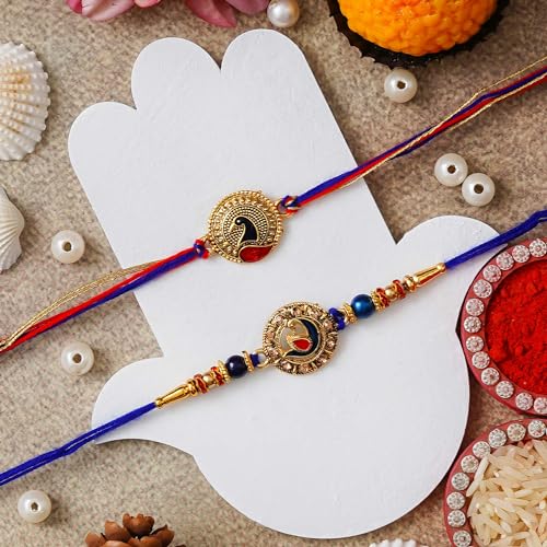 Image of eCraftIndia Set of 2 Light Blue Golden Premium Designer Rakhi for Brother Bhaiya Bhai | Roli Chawal Pack | Rakhi Combo