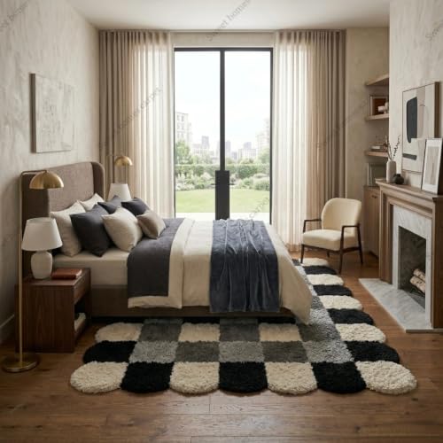 Image of SWEET HOMES Luxury Abstract Shag Rug, Thick Soft Square Area Carpet for Living Room, Bedroom, 4 x 4 Feet (122 x 122 cm), Grey & Ivory